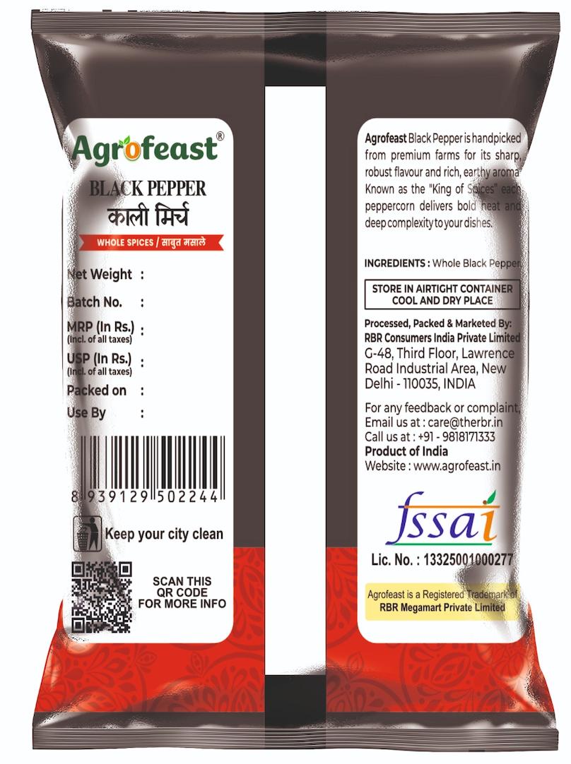 Agrofeast black pepper packaging with branding and product details.