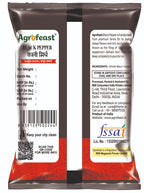 Agrofeast black pepper packaging with branding and product details.