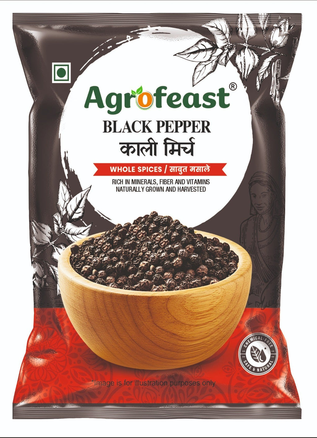 Agrofeast black pepper packaging with a bowl of black pepper on a white background