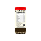 Supplement container with a red lid and visible nutrition facts label on a white background