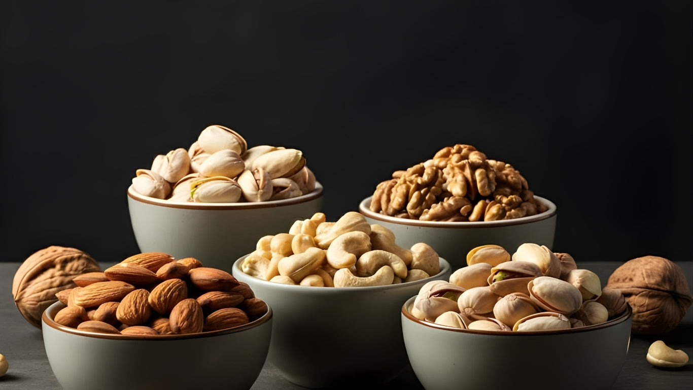 Bowls of various nuts on a dark background