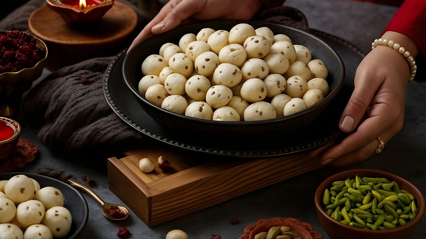 Person holding a bowl of white spherical food items on a dark surface with various ingredients around.