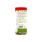 Back view of a jar with a red lid and white label on a white background