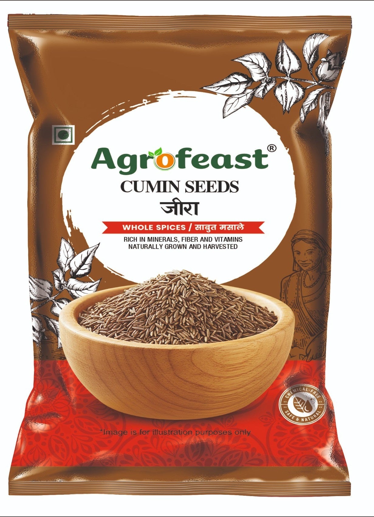 Agrofeast cumin seeds packaging with a bowl of seeds on a brown and red background.
