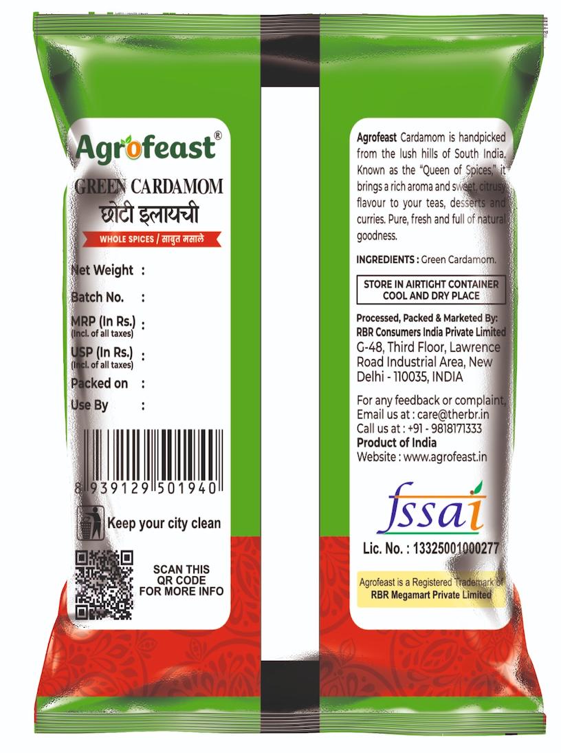 Agrofeast Green Cardamom packaging with green, white, and red design.