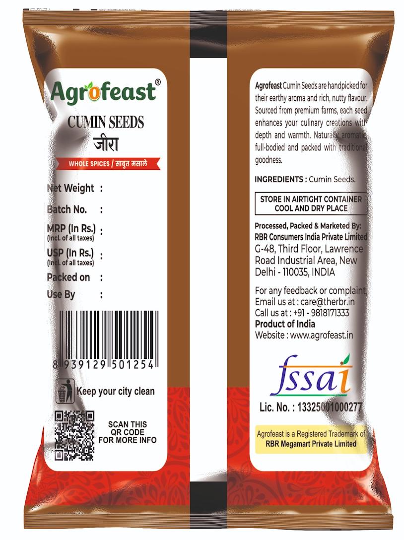 Agrofeast Cumin Seeds packaging with label and QR code