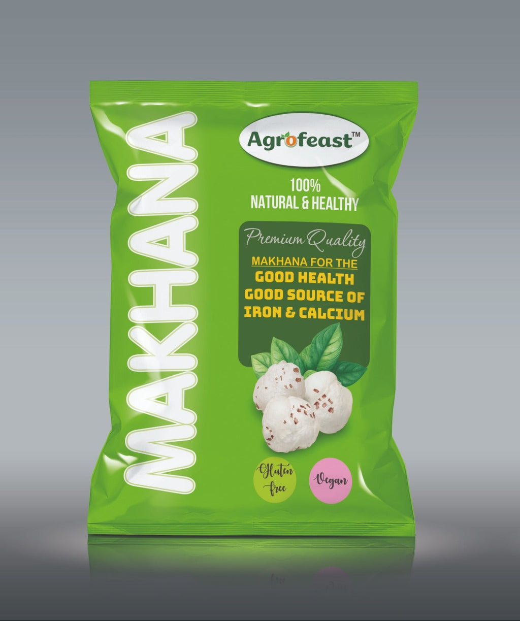 Green package of Agrifeast Makhana with front and back views on a gray background