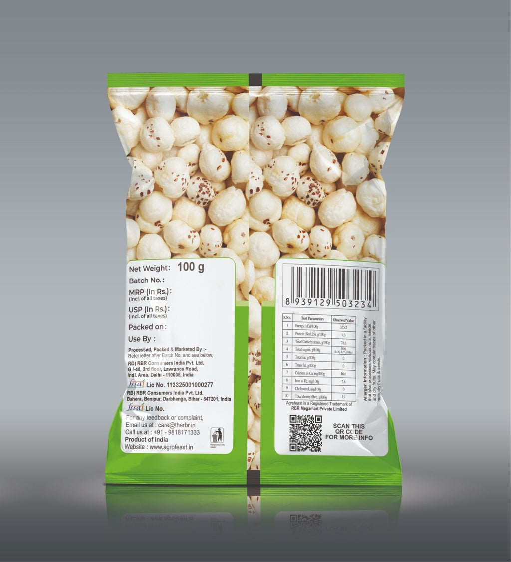 Green package of Agrifeast Makhana with front and back views on a gray background