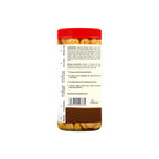 Back view of a jar with a red lid and label on a white background