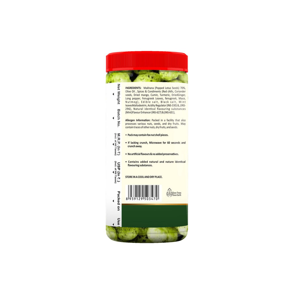 Container label with green food product on a white background