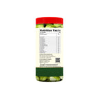 Nutrition facts label on a container with green apples on a white background