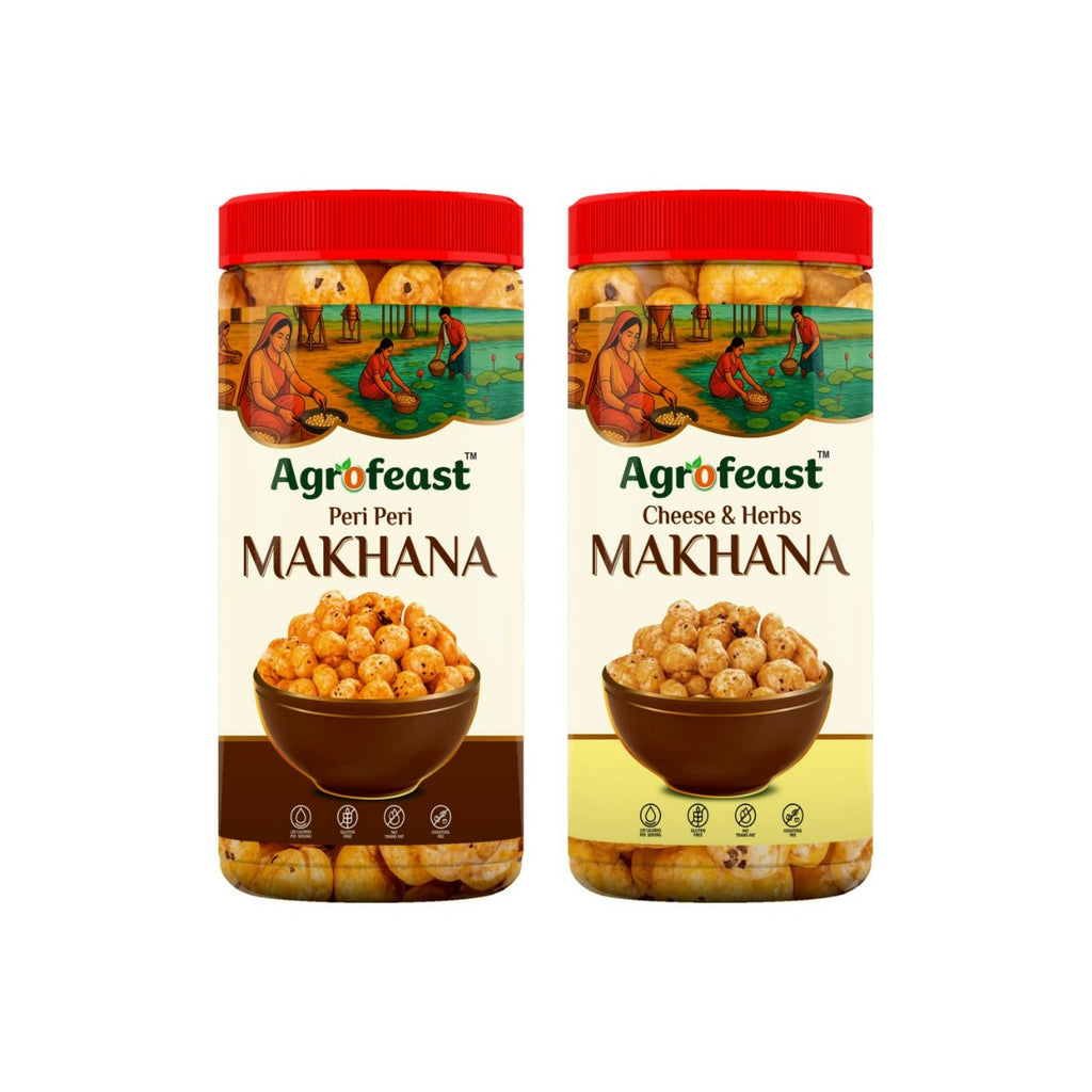 Two jars of Agrofeast Makhana snacks with different flavor labels on a white background.