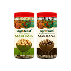 Two jars of Agrofeast Makhana with different flavor options on a white background