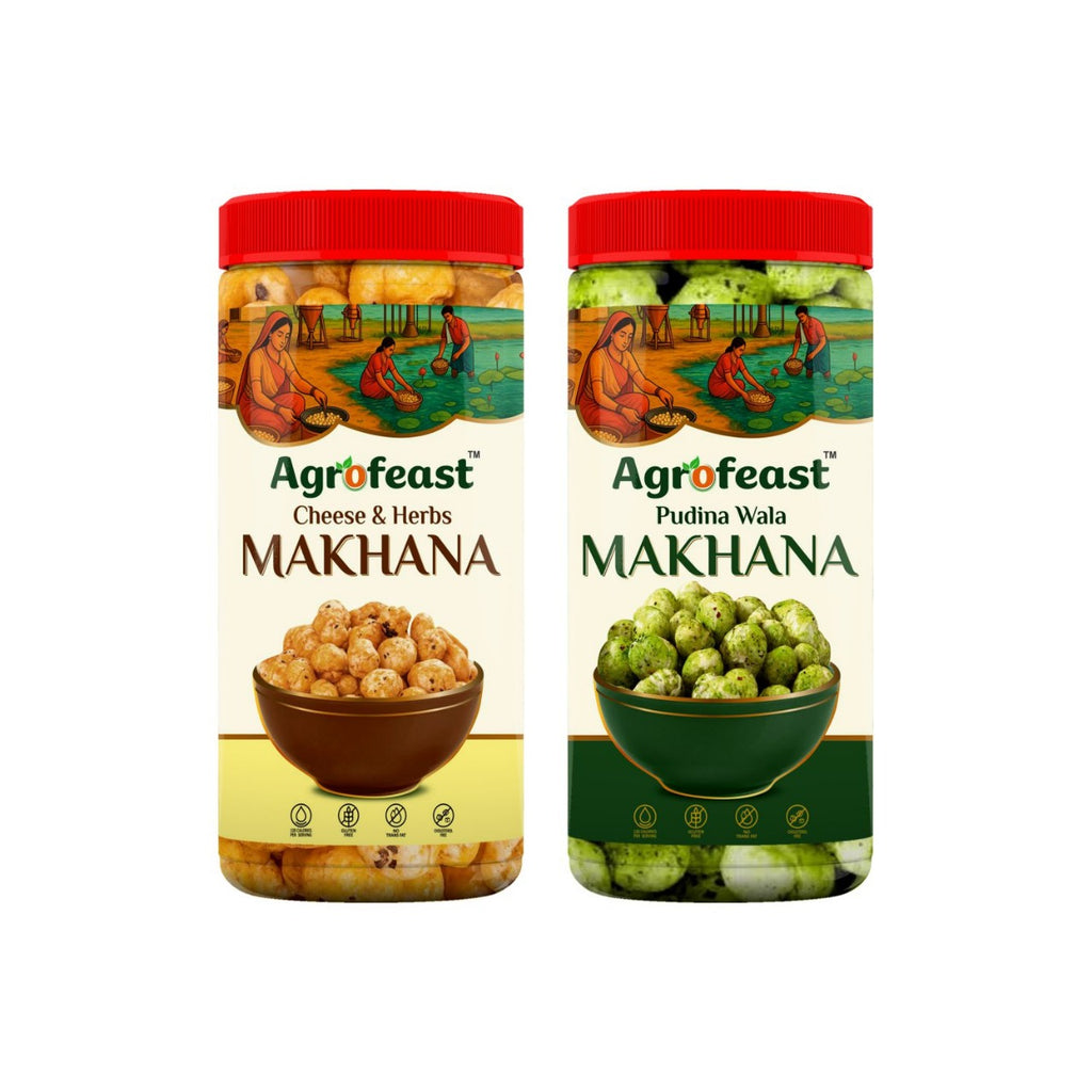 Two jars of Agrofeast Makhana with different flavors on a white background