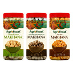 Three Agrofeast makhana packaging with different flavors on a white background