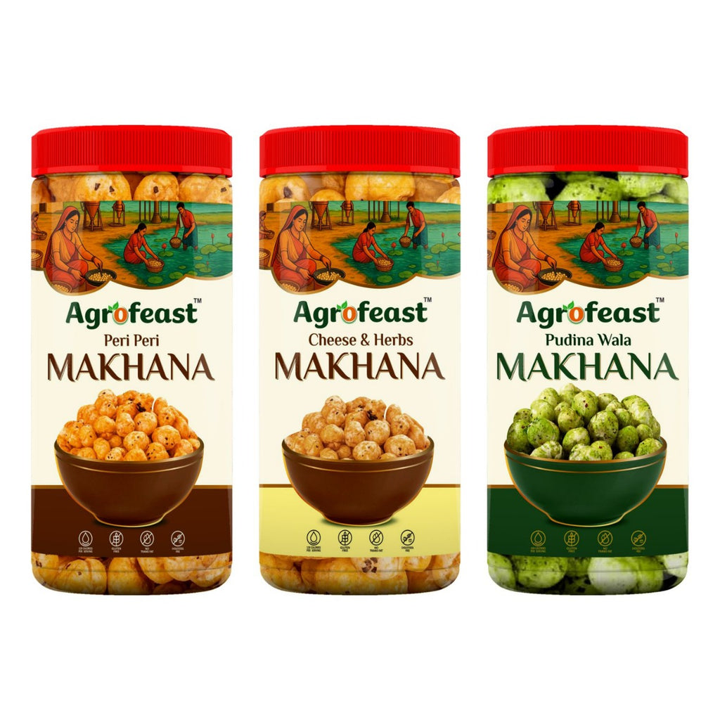 Three Agrofeast makhana packaging with different flavors on a white background