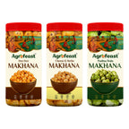 Three Agrofeast makhana packaging with different flavors on a white background