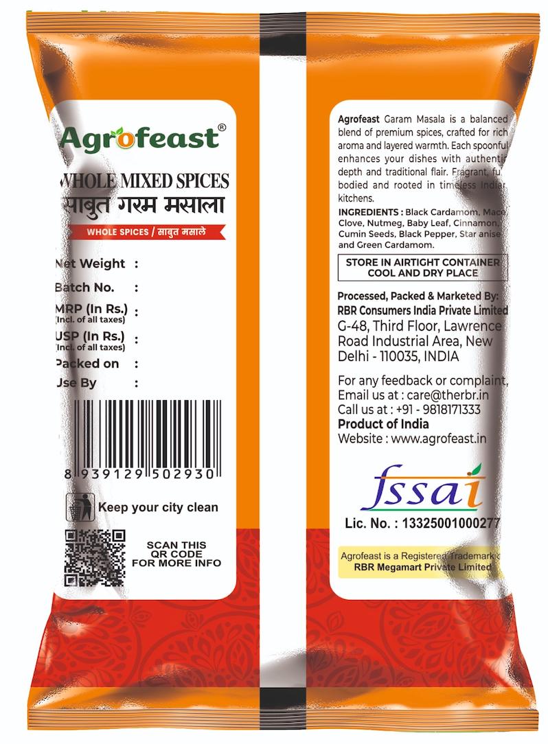 Agrofeast whole mixed spices packaging with label