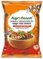 Agrofeast whole mixed spices packaging with a bowl of spices on an orange background